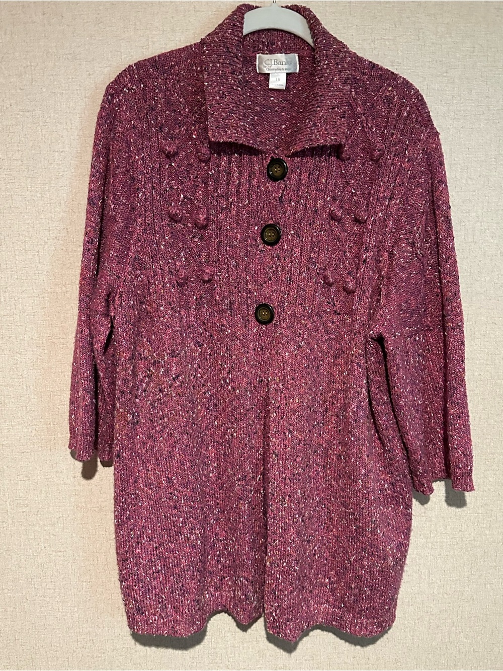 CJ Banks 1X Deep Marled Mauve Button Up Knit Cardigan Sweater Lagenlook